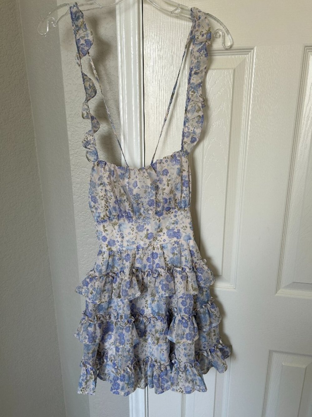 Altar'd State Floral Print Corset Style Ruffled Mini Dress-Blue/White-Small